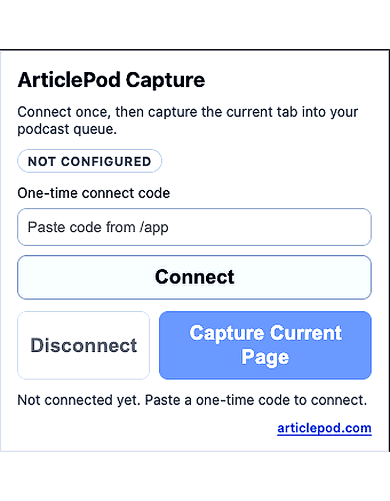 Animated walkthrough of the ArticlePod Chrome extension connect and capture flow.